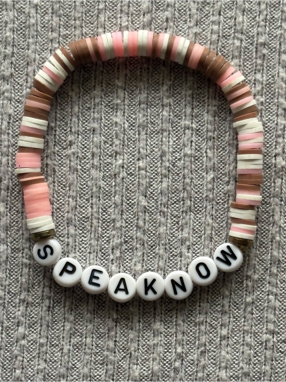 “Speak Now” pink, white & brown beaded bracelet